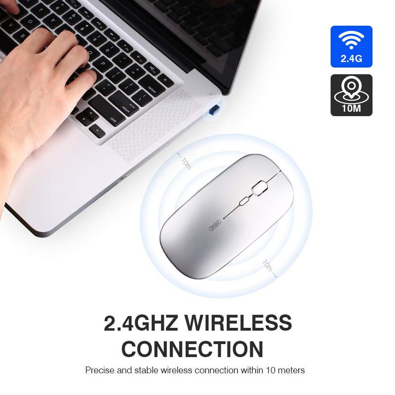 Wireless Mouse,Rechargeale & Noiseless, Inphic Ultra Slim USB 2.4G PC Computer Laptop Cordless Mice with USB Nano Receiver, 1600 DPI Travel Mouse for Office Windows Mac Linux MacBook, Silver - LeoForward Australia