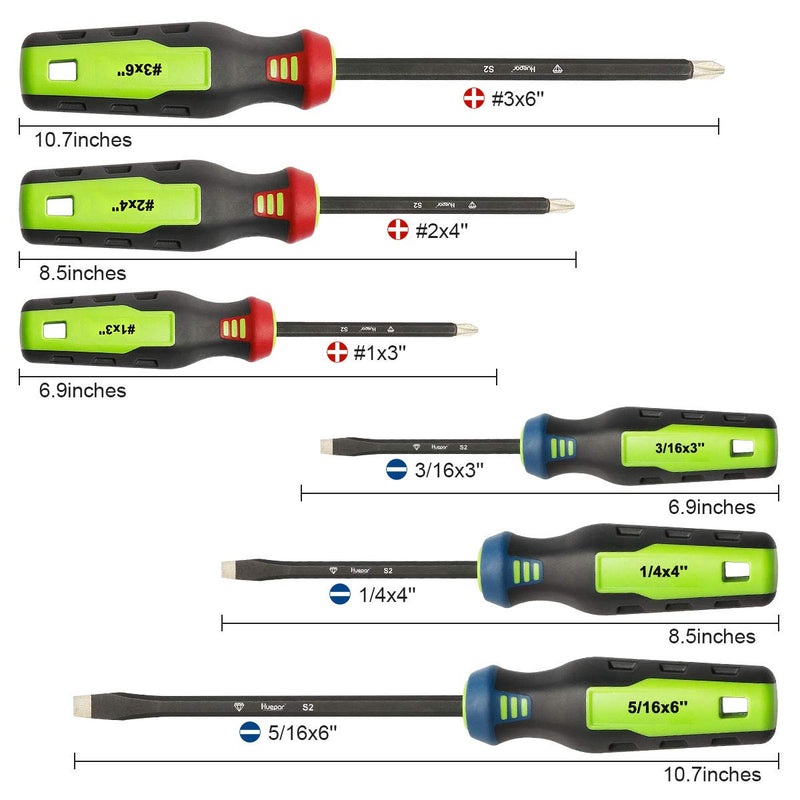  [AUSTRALIA] - Magnetic Screwdriver Set 6PCS, Huepar Professional 3 Slotted and 3 Phillips Screwdriver Kit with Diamond Tip, Rust Resistant Shaft, Color-Coded Non-Skid Handle for Repair Home Improvement Craft-SD06