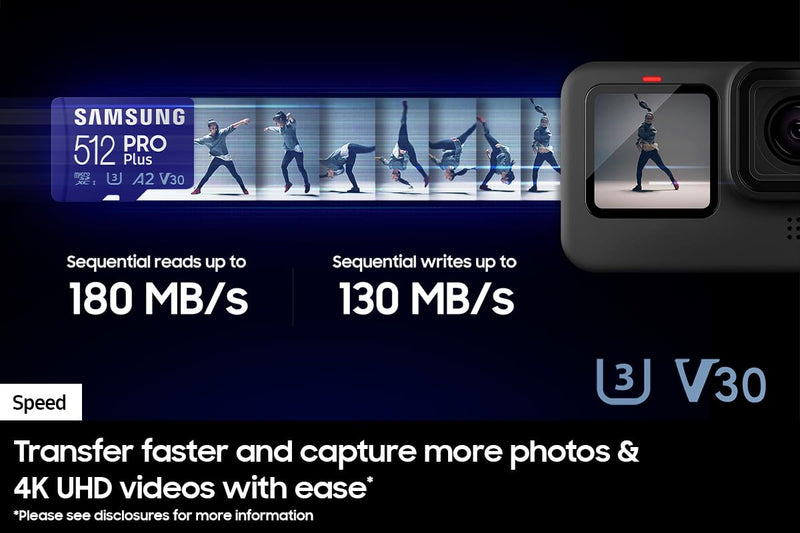  [AUSTRALIA] - SAMSUNG PRO Plus microSD Memory Card + Reader, 512GB MicroSDXC, Up to 180 MB/s, Full HD & 4K UHD, UHS-I, C10, U3, V30, A2 for Android Phones, Tablets, GoPRO, DJI Drone, MB-MD512SB/AM, 2023 New PRO Plus/Reader Read/Write 180/130MB/s