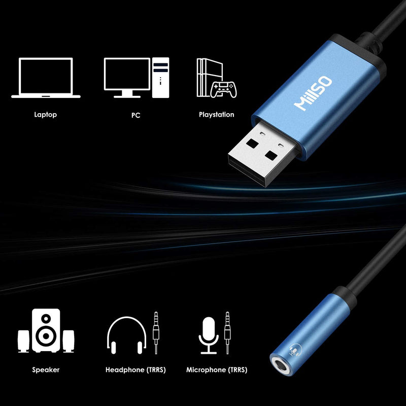  [AUSTRALIA] - MillSO USB to 3.5mm Audio Jack Adapter, Sapphire Blue TRRS USB to AUX Audio Jack External Stereo Sound Card for Headphone, Speaker, PS4, PS5, PC, Laptop, Desktops - 1 Feet