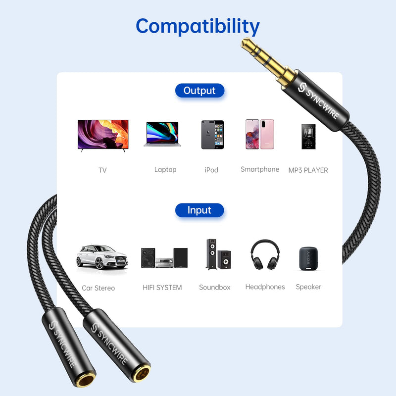  [AUSTRALIA] - Syncwire Headphone Splitter, Nylon-Braided Extension Cable Audio Stereo Y Splitter (Hi-Fi Sound), 3.5mm Male To 2 Ports 3.5mm Female Headset Splitter for Phone, PS4, Switch, Tablets & More Black