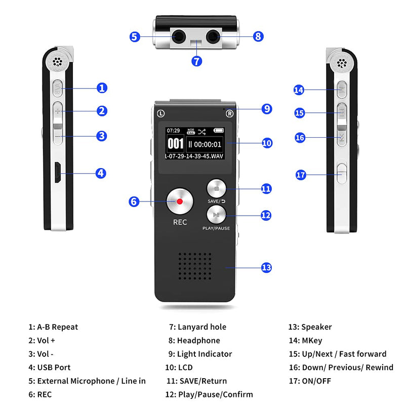  [AUSTRALIA] - Digital Voice Recorder 16GB Voice Recorder with Playback for Lectures - USB Rechargeable Dictaphon Upgraded Small Tape Recorder