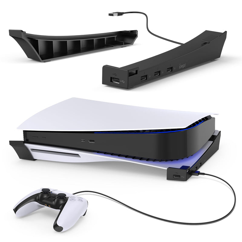  [AUSTRALIA] - Horizontal Stand for Playstation 5/PS5 Console with 4-Port USB Hub,MENEEA Upgraded Base Skate Holder Accessories for Playstation 5 Disc & Digital Edition,3 Charging Port Extension &1 USB 2.0 Data Port Black