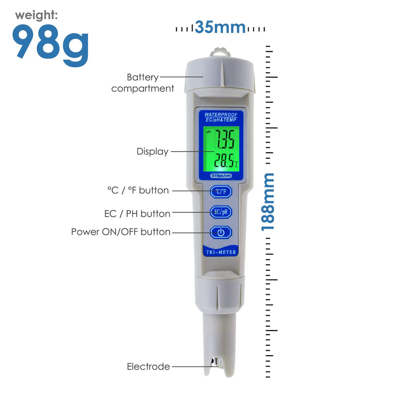 3 in 1 Water Quality Multi-Parameter pH EC Temperature Meter Tester Monitor Sensor Probe Test Kit ATC Waterproof black-light for Aquariums Hydroponics Laboratory Pool Spa Drinking water - LeoForward Australia