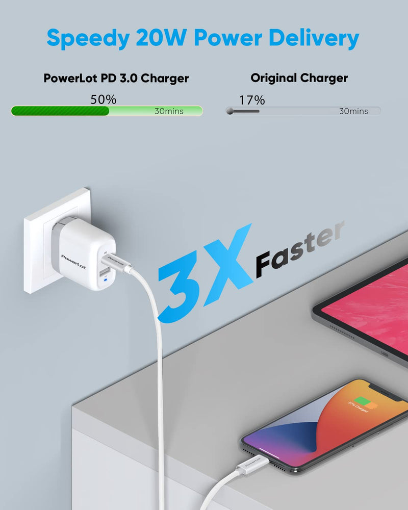  [AUSTRALIA] - PowerLot PD 20W USB C Charger for iPhone 12, 12W USB Charger for iPad Pro, 32W Dual Port Power Adapter, GaN Wall Charger with Foldable Plug for iPhone 14 Plus/ 13/ iPhone SE/iPad Air/AirPods/iWatch 32W USB C + A