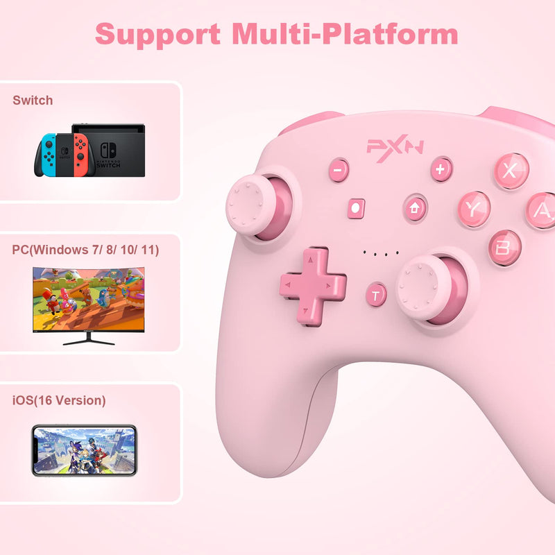  [AUSTRALIA] - PXN 9607X Wireless Switch Pro Controller, Dual Shock Gamepad Joystick Support NFC, Turbo, Wake-up, Gyro Axis, Vibration for Switch/Lite/OLED & PC & IOS (Pink) Pink