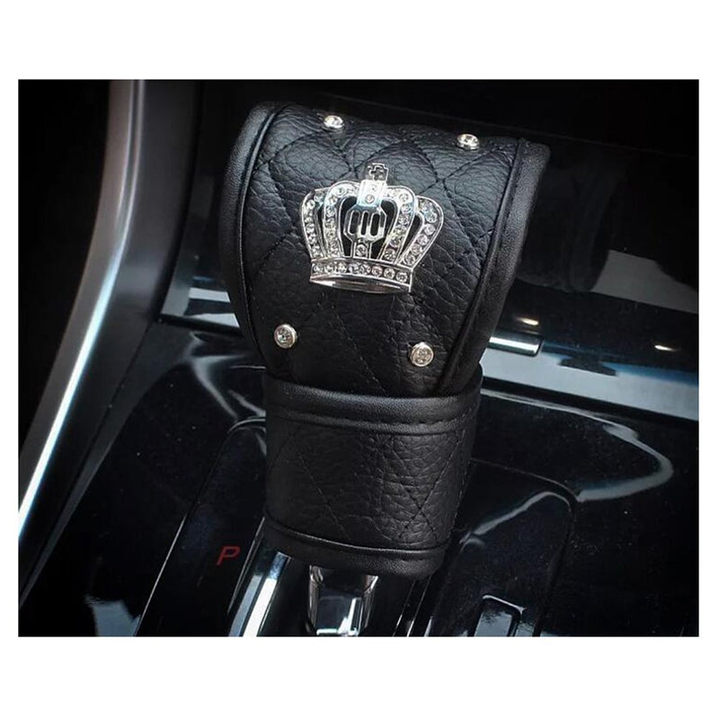  [AUSTRALIA] - LuckySHD Black Pu Leather Car Gear Shift Cover with Bling Rhinestones Imperial Crown Decor Car Accessory Gear Lever Cover