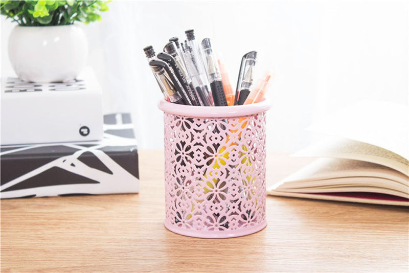 yueton Hollow Flower Pattern Metal Pen Pencil Makeup Brush Holder Desk Container Organizer (Pink) - LeoForward Australia