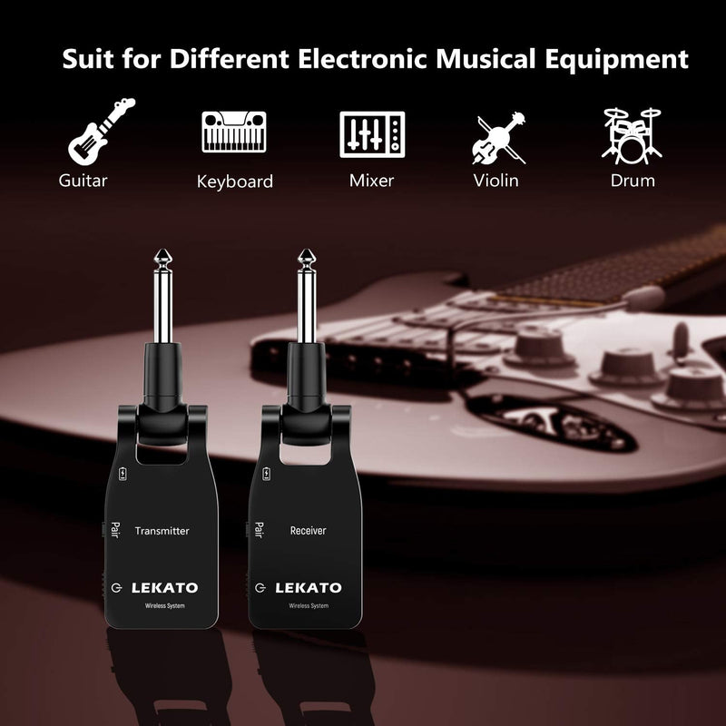  [AUSTRALIA] - LEKATO Wireless Guitar Transmitter Receiver 2.4G Rechargeable 6 Channels 30M Transmission Range Wireless Audio Guitar System for Electric Guitar Bass Black&Black