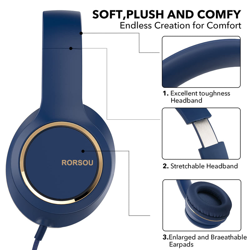  [AUSTRALIA] - RORSOU R8 On-Ear Headphones with Microphone, Lightweight Folding Stereo Bass Headphones with 1.5M No-Tangle Cord, Portable Wired Headphones for Smartphone Tablet Computer MP3 / 4 (Blue) Blue