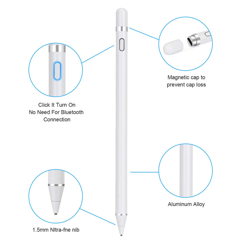 Stylus Pen for Touch Screens Rechargeable 1.5mm Fine Point Active Stylus Pen Smart Pencil Digital Compatible iPad and Most Tablet (White 1) White 1 - LeoForward Australia