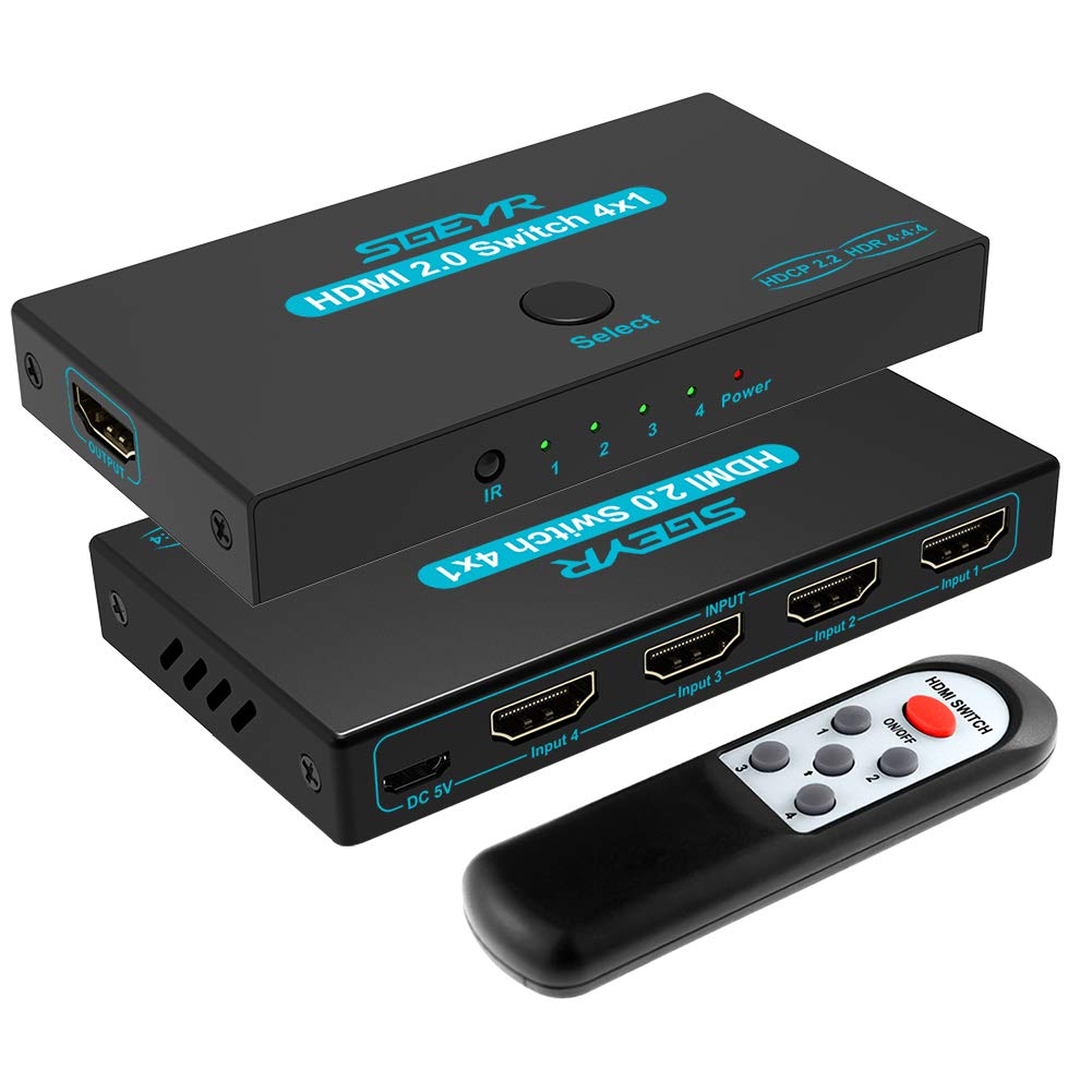  [AUSTRALIA] - SGEYR HDMI 2.0 Switch 4 Port, HDMI Switch Splitter 4 in 1 Out, Metal HDMI Switcher 4K with IR Remote, Support HDCP 2.2 Support 4K@60Hz Ultra HD 3D 2160P 1080P, Compatible for PS3/PS4,Xbox Blue
