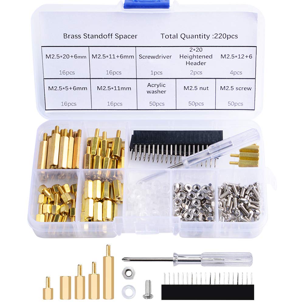 [AUSTRALIA] - GeeekPi 220PCS Standoffs M2.5 Brass Spacer Hex Column Screw Nut Assortment Kit with Box,Male-Female for Raspberry Pi,with Acrylic Washer Screwdriver