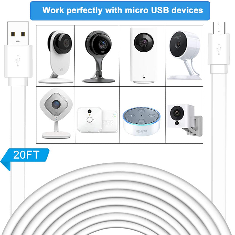  [AUSTRALIA] - SIOCEN 2 Pack 20FT USB Power Extension Cable for Yi Camera,Wyze Cam,Oculus Go,Echo Dot Kid Edition,Nest Cam,Netvue,Blink,Furbo Dog,Kasa Cam,YI Dome Home Security Camera Flat Micro USB Charging Cord