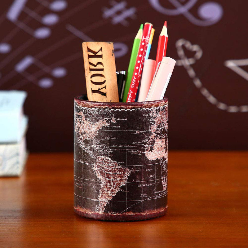 LINKWELL Black World Map Pattern PU Leather Pencil Pen Holder Desk Organizer PH46 - LeoForward Australia