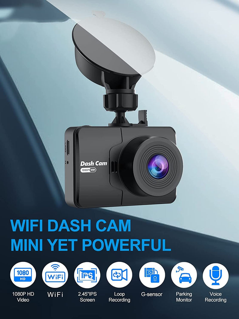  [AUSTRALIA] - Dash Cam, FHD 1080P Mini Dash Camera for Cars with WiFi, 2.45" IPS Screen, Night Vision, WDR, Loop Recording, G-Sensor Lock, 170°Wide Angle and Parking Monitor