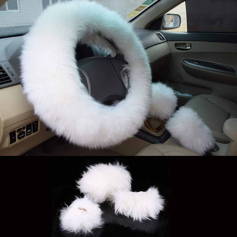  [AUSTRALIA] - Jadeshay Fuzzy Steering Wheel Cover - Winter Fluffy Car Steering Wheel Cover Warm, Handbrake Cover, 1 Set 3pcs, 5Color (Color : White)