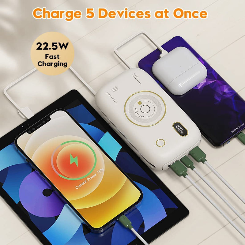  [AUSTRALIA] - 20000mAh Portable Charger with Cables, 22.5W Fast Charging USB Power Bank, 5 Output Ports,Built in Two Cables Compatible for iPhone, Samsung, Huawei, iPad, and All Smart Devices (White) White