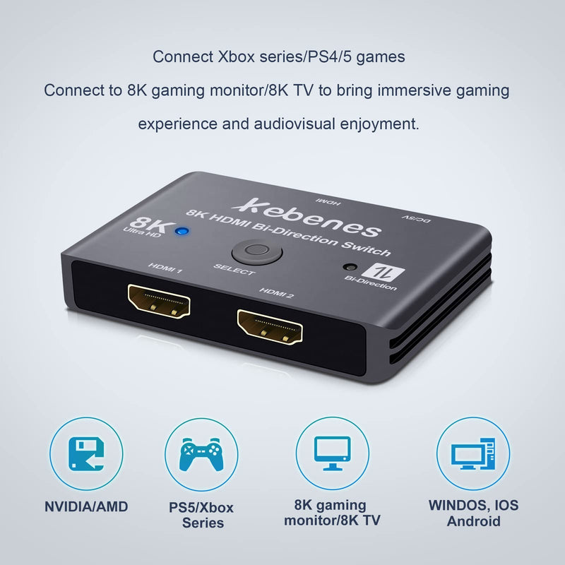  [AUSTRALIA] - 8k HDMI 2.1 Switch Utra HD Bi-Directional Switch High Speed 48Gbps 2 in 1 Out Support 8K@60Hz 4K@120Hz Compatible with Xbox Series PS5 Splitter 1 in 2 Out