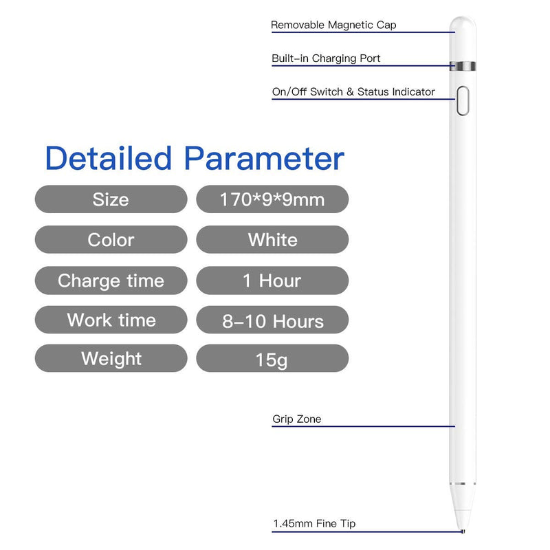AICase Active Stylus Pen 1.45mm High Precision and Sensitivity Point Capacitive Stylus Compatible for Phone iPad Pro iPad Air 2 Tablets, Work at iOS and Android Capacitive Touchscreen White - LeoForward Australia