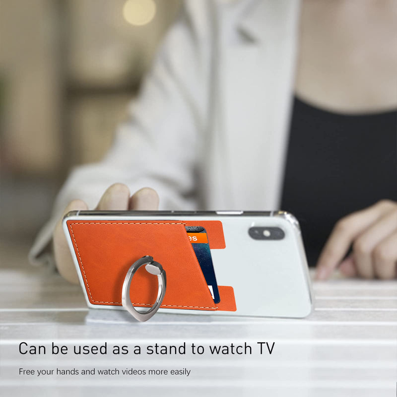  [AUSTRALIA] - Phone Card Holder with Phone Ring, Ring Wallets Combine a Finger Grip, Phone Ring Stand & Credit Card Sleeve into Thin Phone Wallets Stick On Universal to Any Cell Phone - Orange Leather