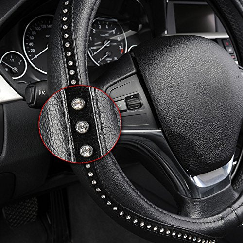  [AUSTRALIA] - AUTOYOUTH Steering Wheel Cover, Crystal Studded Rhinestone Bling Styling for Car, SUV, Truck Heavy Duty, Anti-Slip, Excellent Grip Standard Size 15 inch BLACK