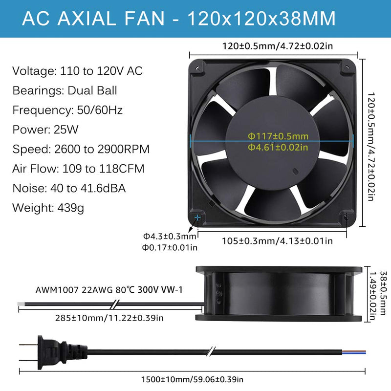  [AUSTRALIA] - GDSTIME AXIAL Fan 12038, 110V 120V AC 120mm Fan, Ventilation Exhaust Projects Cooling Fan 12038B 120VAC