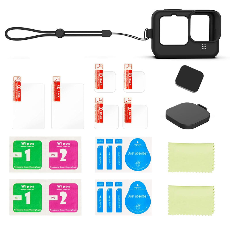  [AUSTRALIA] - Accessories Kit for GoPro Hero 10/9 Black, Silicone Sleeve Protective Case with Rubber Cap + 6Pcs Tempered Glass Screen Protector with Lens Cover Cap for GoPro Hero 10/9