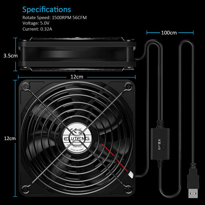  [AUSTRALIA] - ELUTENG Dual 120mm USB Fan with 3 Speeds 5V Ventilator Fan Portable Cooling Fan Rechargeable Compatible for Laptop Receiver DVR Playstation Xbox Desk Computer Cabinet Cooling