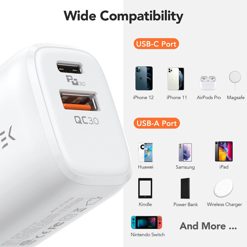  [AUSTRALIA] - USB C Wall Charger 20W, AGPTEK Dual Port PD Power Delivery + Quick Charge 3.0 Fast Charger Block Plug for iPhone 12/11 /Pro Max, XS/XR/X, 8/7/6, iPad Pro, AirPods Pro, Samsung Galaxy, Pixel (White)