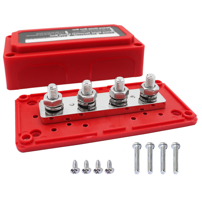  [AUSTRALIA] - 4 Post Power Distribution Block Bus Bar Set, 4 x M8 Terminal Screws with Cover 300 Amp Rating - Marine, Automotive, and Solar Wiring, 5/16" Red