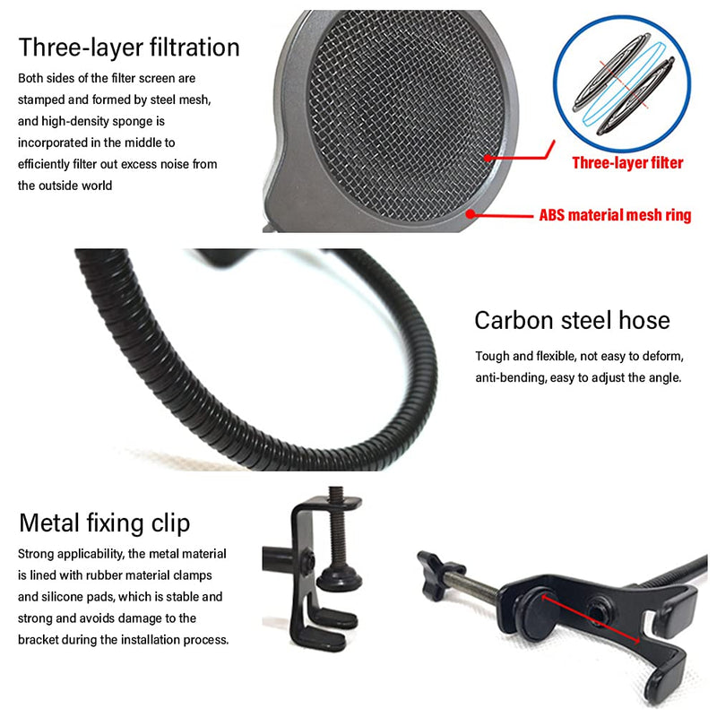  [AUSTRALIA] - EKDJKK Microphone Filter 3 Layers Filter Screen 360° Gooseneck Clip Stabilizing Arm Microphone Metal Windscreen Black