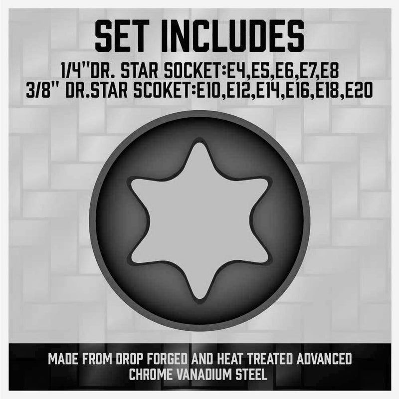  [AUSTRALIA] - SEDY 11-Pieces Female E-TORX Star Socket Set with Red Single Handle Socket Organizer, Female External Star Socket Set, E4 - E20 Torque Socket Set
