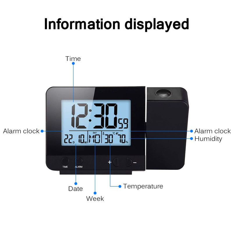  [AUSTRALIA] - Sunsbell LED Projection Digital Atomic Clock, Digital Projection Backlight Battery Powered Rotate Alarm Clock for Home Bedroom Decor Black