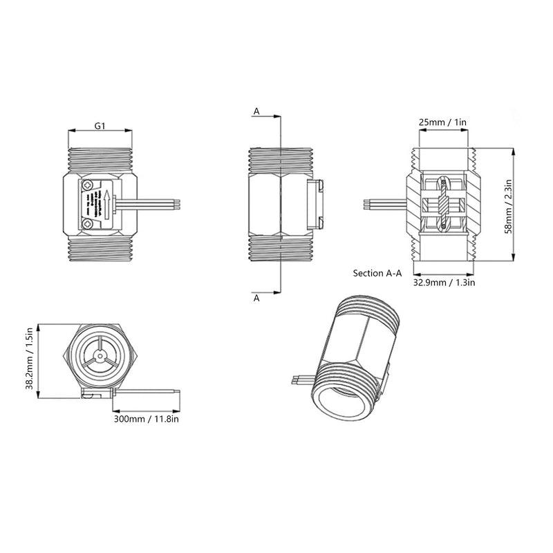  [AUSTRALIA] - YF-B10 Water Flow Sensor Hall Flow Meter 1 Inch (1.3 Inch) External Wire Copper Water Flow Sensor Turbine Flow Meter