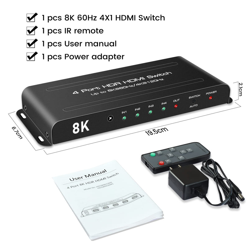  [AUSTRALIA] - NEWCARE HDMI 2.1 Switch 8K 60Hz, HDMI Switch 4K 120Hz HDMI Switcher 4 in 1 Out,4X1 HDMI Auto Switch Selector with Remote for Fire Stick, PS5,Roku,Xbox,Support 1080P@240Hz,3D,48Gbps 8K HDMI 4X1 Switch