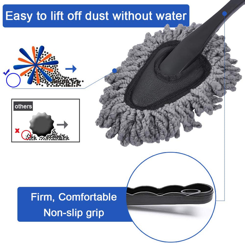  [AUSTRALIA] - eFuncar Car Duster Exterior Interior Use Dashboard Duster Cleaning Dirt with an Auto Detailing Brush Set of Boars Hair for Wheels Leather Emblems Air Vents(Pack of 5), A Gray Microfiber Cloth