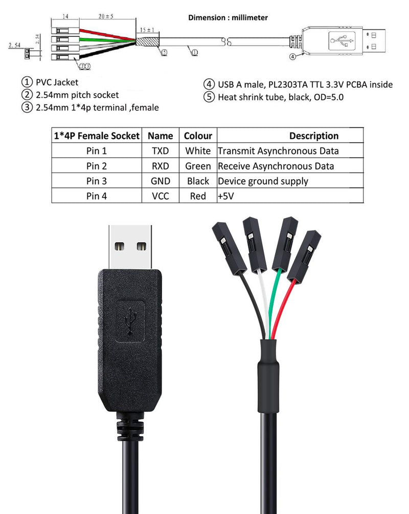 DTECH USB to TTL Serial 3.3V Adapter Cable TX RX Signal 4 Pin 0.1 inch Pitch Female Socket PL2303 Prolific Chip Windows 10 8 7 XP Vista (6ft, Black) 6ft/1.8m - LeoForward Australia
