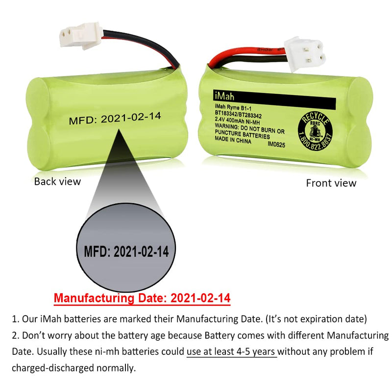  [AUSTRALIA] - iMah BT183342/BT283342 2.4V 400mAh Ni-MH Battery Compatible with AT&T CL82207 EL52100 EL50003 VTech CS6709 CS6609 CS6409 BL102-3 Handset Replace Battery BT166342 BT266342 BT162342 BT262342, 2-Pack