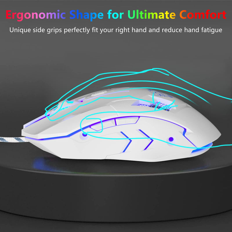  [AUSTRALIA] - FUWANG Wired Gaming Mouse, USB Computer Mouse with RGB Backlit, 7200 DPI Optical Sensor, Ergonomic Gamer Mouse with 6 Programmable Buttons for Windows/PC/Mac/Laptop Gamer White