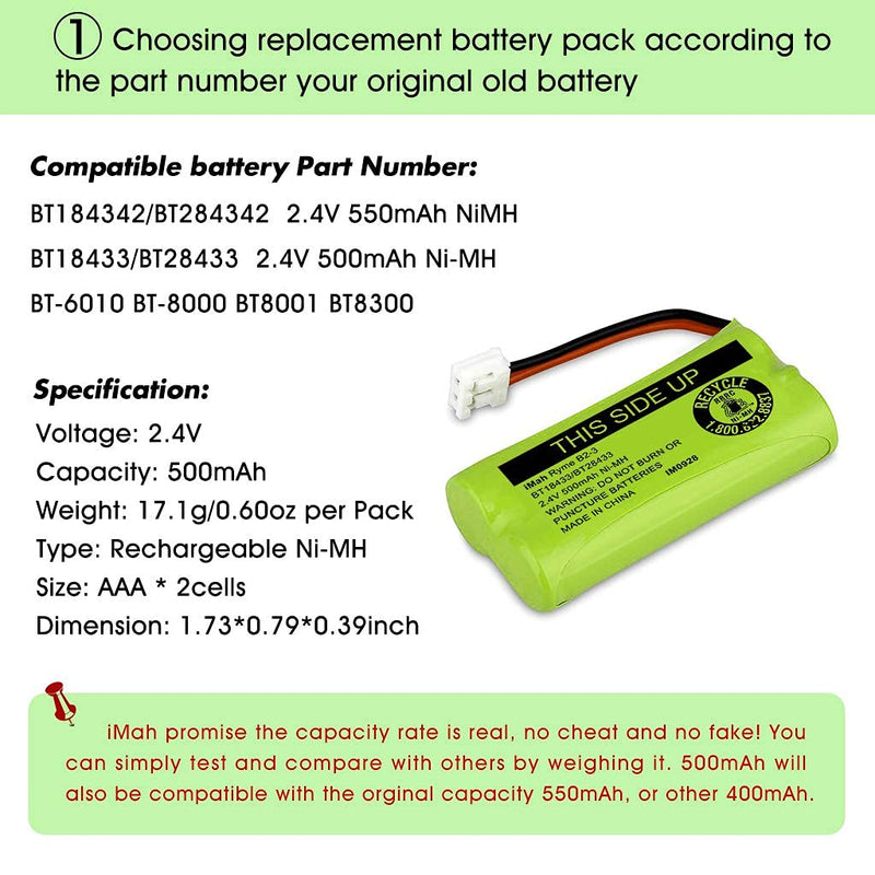  [AUSTRALIA] - iMah BT18433/BT28433 2.4V 500mAh Ni-MH Cordless Phone Battery Pack, Also Compatible with VTech AT&T Telephone Batteries BT184342/BT284342 BT8300 BT1011 BT1018 BT1022 BT1031 2SN-AAA55H-S-J1, Pack of 4 BT18433/BT28433, 4-Pack