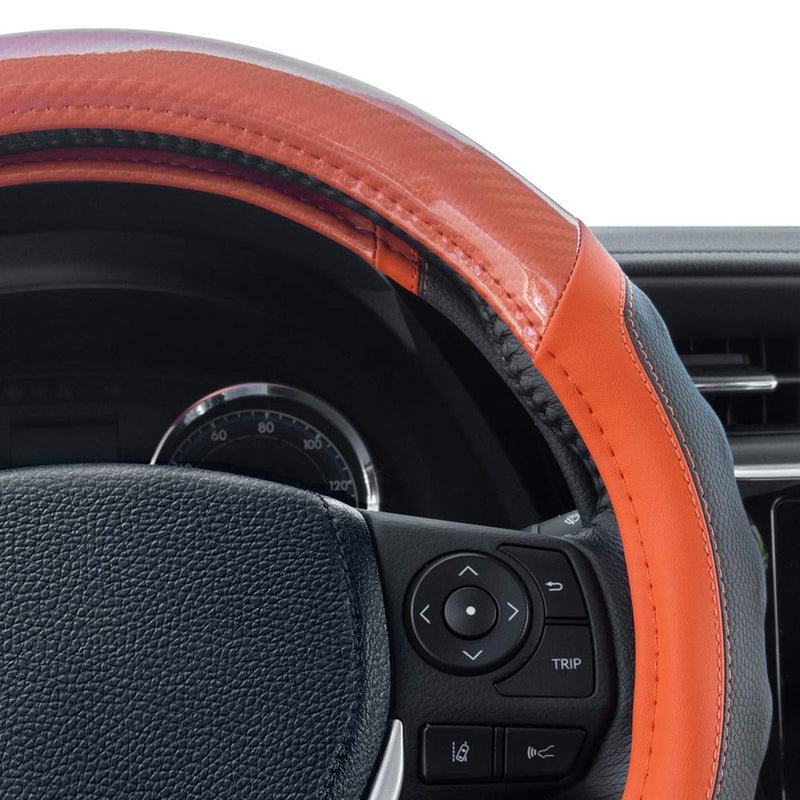  [AUSTRALIA] - Motor Trend SW-812 Orange Ultra Sport Pebbled Leather Steering Wheel Cover with Carbon Fiber Detail-Universal Fit for Standard Sizes 14.5 15 15.5 inches Black