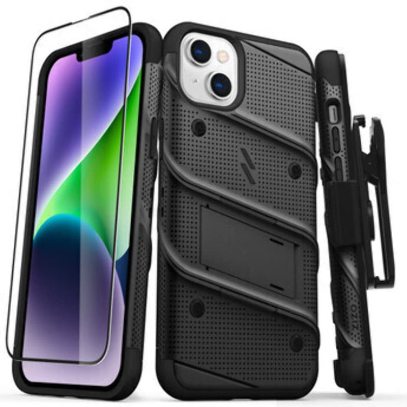  [AUSTRALIA] - ZIZO Bolt Bundle for iPhone 14 Plus (6.7) Case with Screen Protector Kickstand Holster Lanyard - Black Black/Black