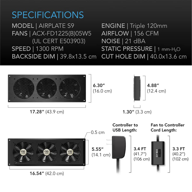  [AUSTRALIA] - AC Infinity AIRPLATE S9, Quiet Cooling Fan System 18" with Speed Control, for Home Theater AV Cabinet Cooling