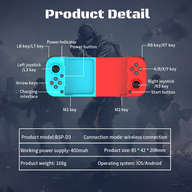  [AUSTRALIA] - Joso Wireless Game Controller for iOS, Android, PC, Bluetooth Gamepad Joysticks for iPhone13/12/11/X, iPad Mini/Air/Pro, Mac, MacBook, Tablets, Samsung Galaxy, Steam, COD Mobile, Apex - Direct Play (Blue+Red) Blue+Red