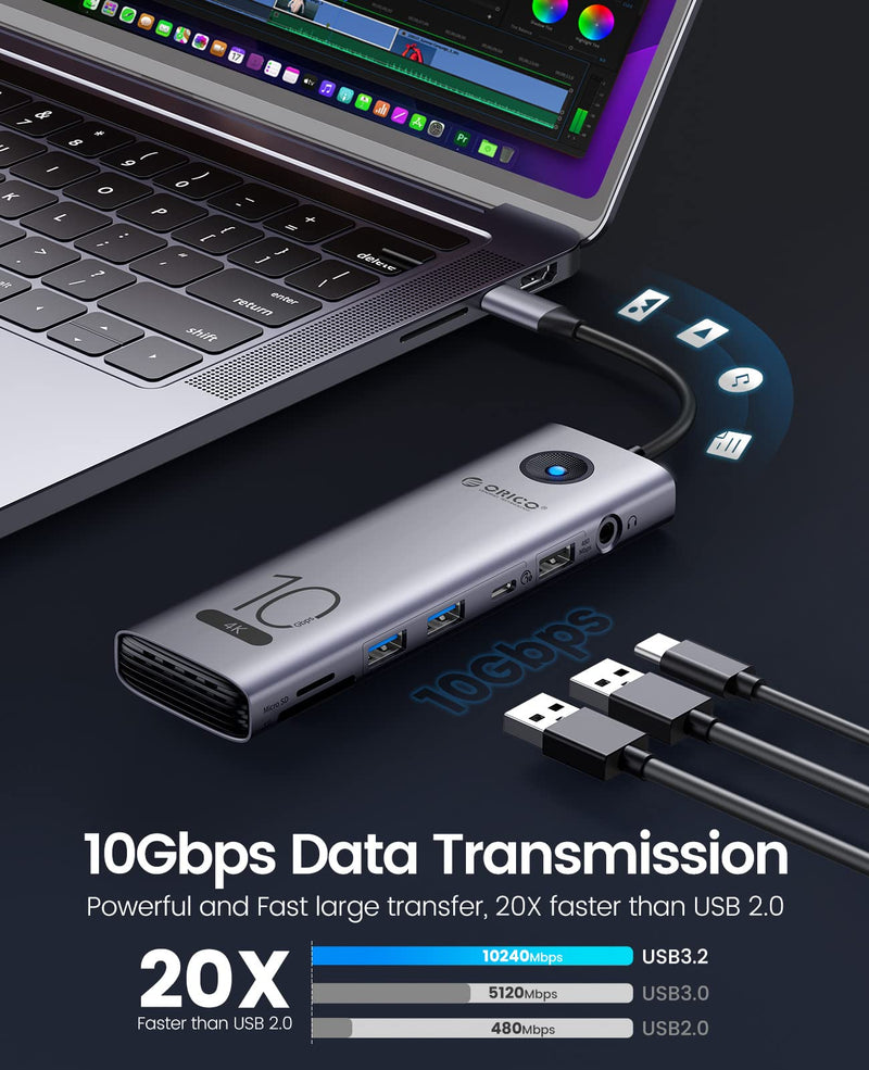  [AUSTRALIA] - 10Gbps USB C Hub,ORICO 11-in-1 USB-C Laptop Docking Station to 4K@60Hz HDMI,2×USB 3.2 10G,USB-C 10G,2×USB 2.0,100W PD,SD/TF,Gigabit Ethernet, Audio for Dell/Surface/HP/Lenovo Laptops