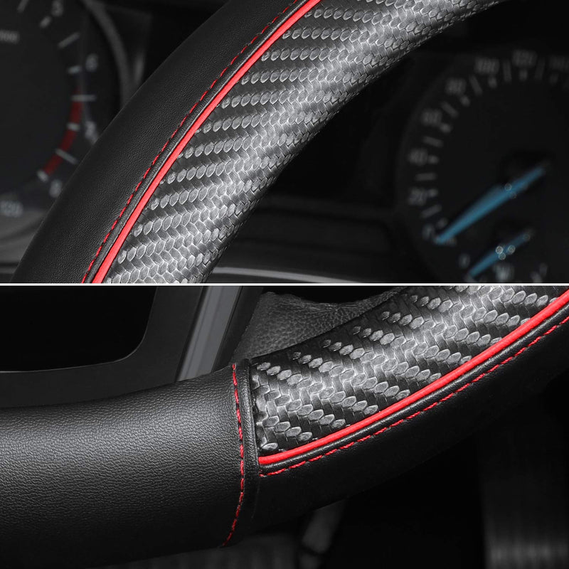  [AUSTRALIA] - SEG Direct Car Steering Wheel Cover Universal Standard-Size 14 1/2''-15'' Leather with Carbon Fiber Pattern Black and Red 2.Standard size[14 1/2''-15''] 2.Black and Red