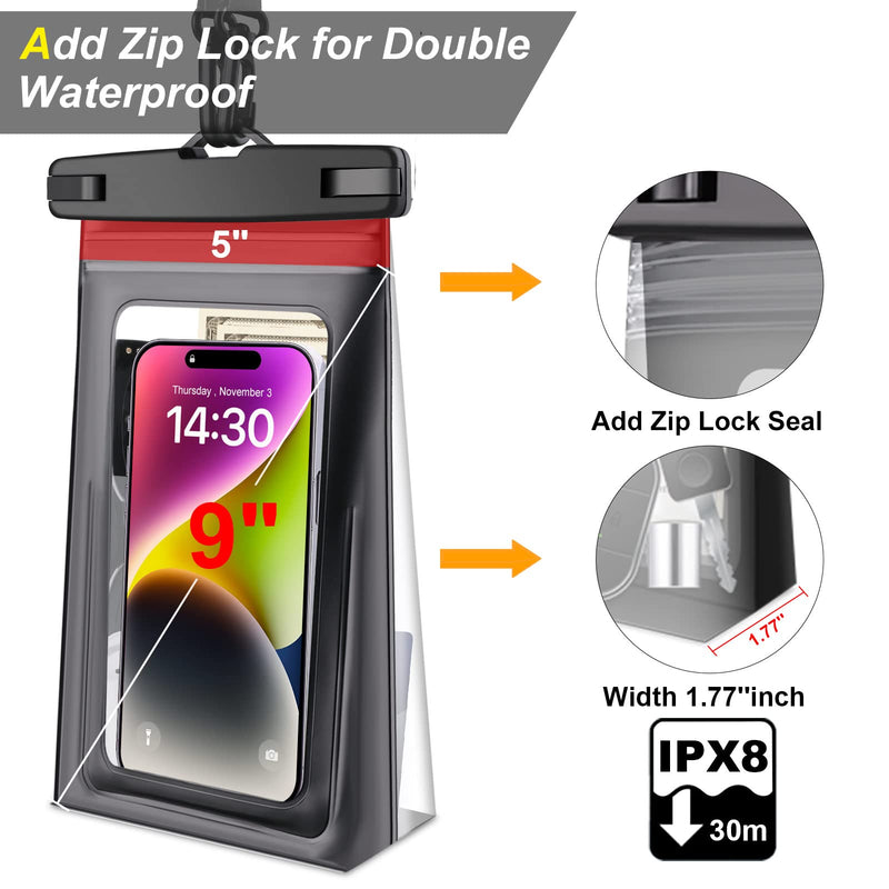  [AUSTRALIA] - 2 Pack Waterproof Pouch Floating with Zip Lock Seal, 9" Large Cell Phone Dry Bag for iPhone 14 Pro Max 13 12 11 Plus Samsung S23 S22 Ultra, Water Proof Case Holder Protector for Beach Swimming Black+Black 9''
