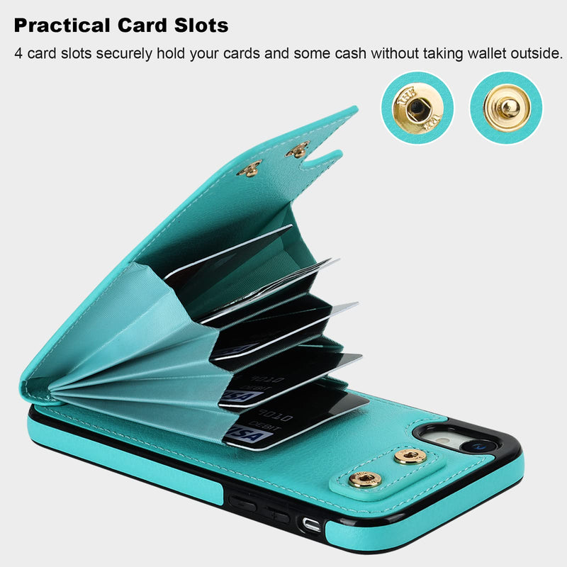  [AUSTRALIA] - Folosu Compatible with iPhone XR Case Wallet with Card Holder, 360°Rotation Finger Ring Holder Kickstand Protective RFID Blocking PU Leather Double Buttons Flip Shockproof Cover 6.1 Inch Mint Green