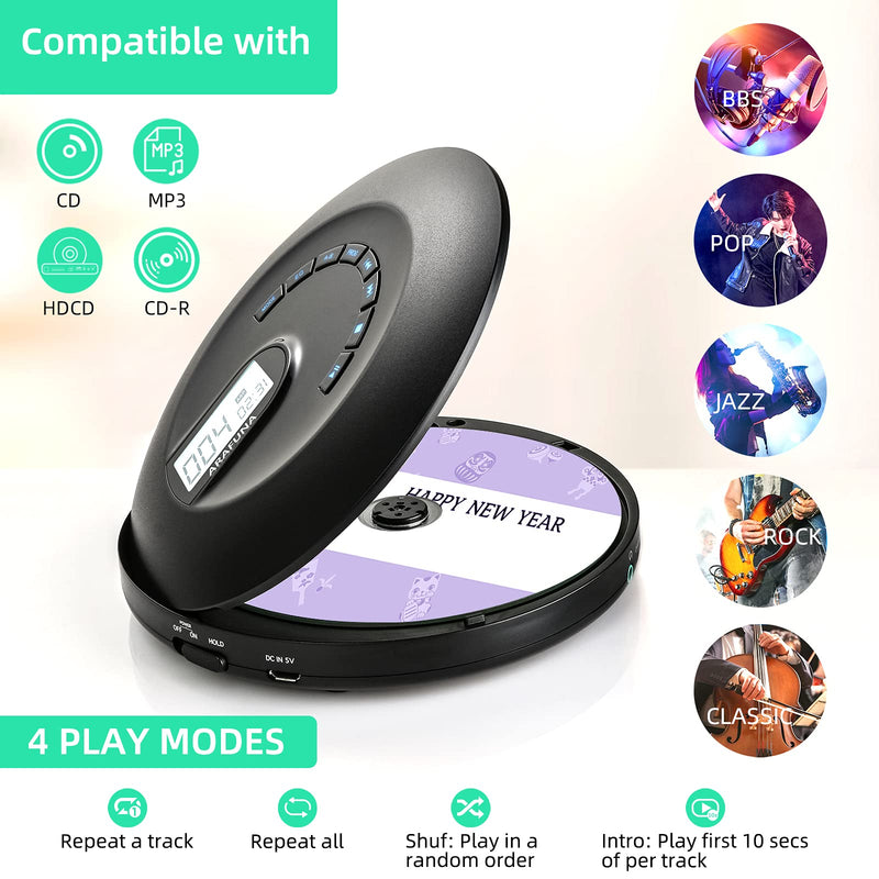  [AUSTRALIA] - CD Player Portable, Rechargeable Portable CD Player for Car and Travel, Walkman CD Player with Headphone and Anti-Skip/Shockproof, Personal CD Player with LCD Display, AUX Cable, Backlight Black